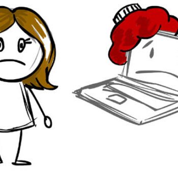 A cartoon with a frustrated girl and a computer with a red angry face.